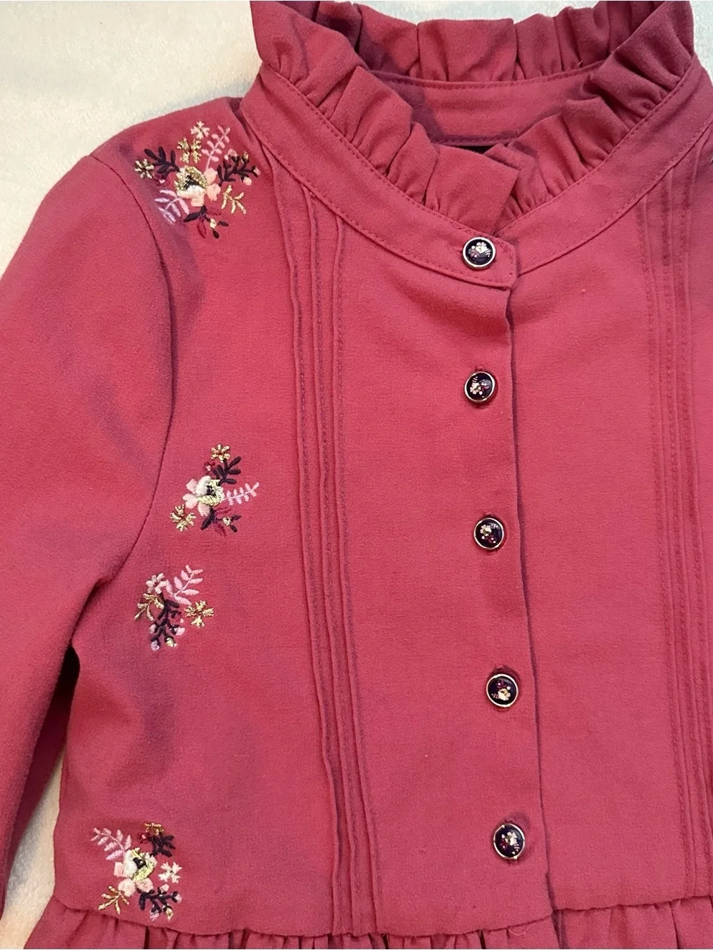 Sergent Major Girls Long Slv Raspberry Dress 6 Floral Embroidery Ruffle Mock